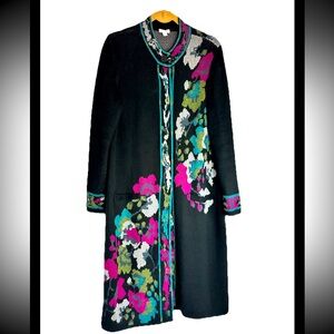 J Jill Black & Floral Knit Long Snap Closure Cardigan Sweater Coat Sz M
